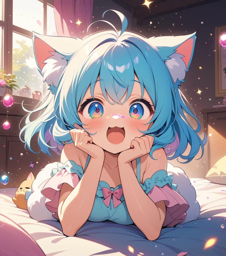 Cute anime kitten sneezing glitter on a cozy bed