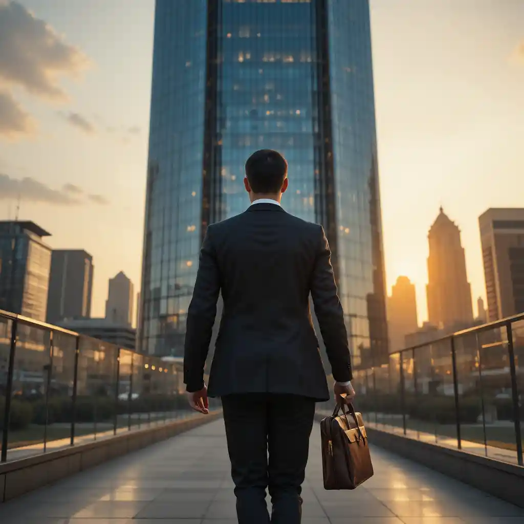 Entrepreneur walking toward a glass office tower at sunrise