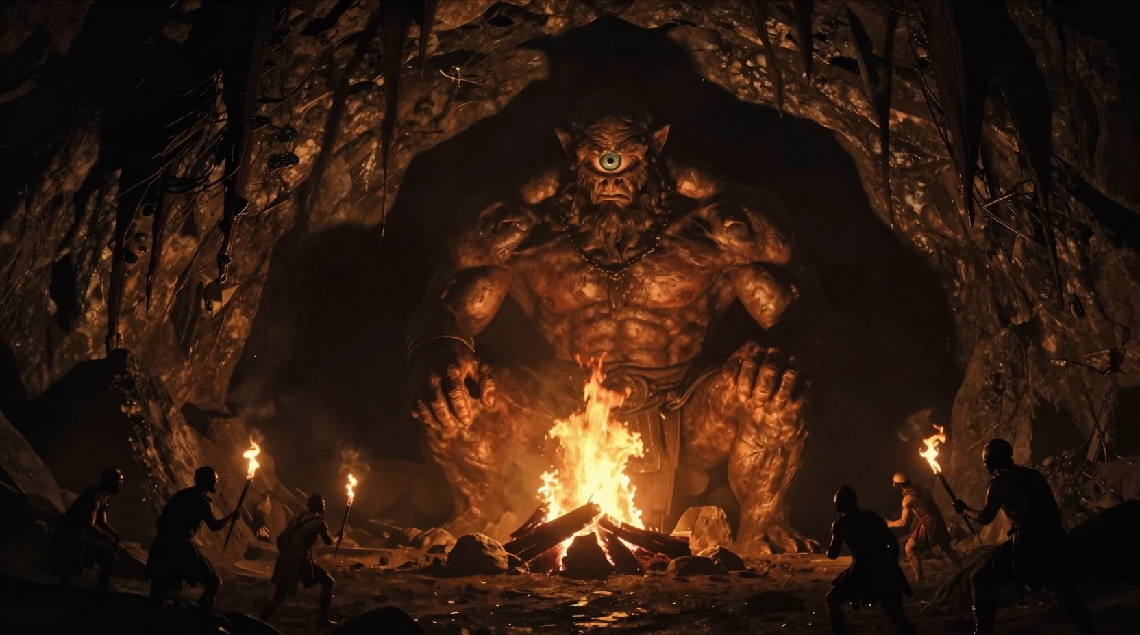 Ominous cyclops giant by bonfire in a shadowy cave