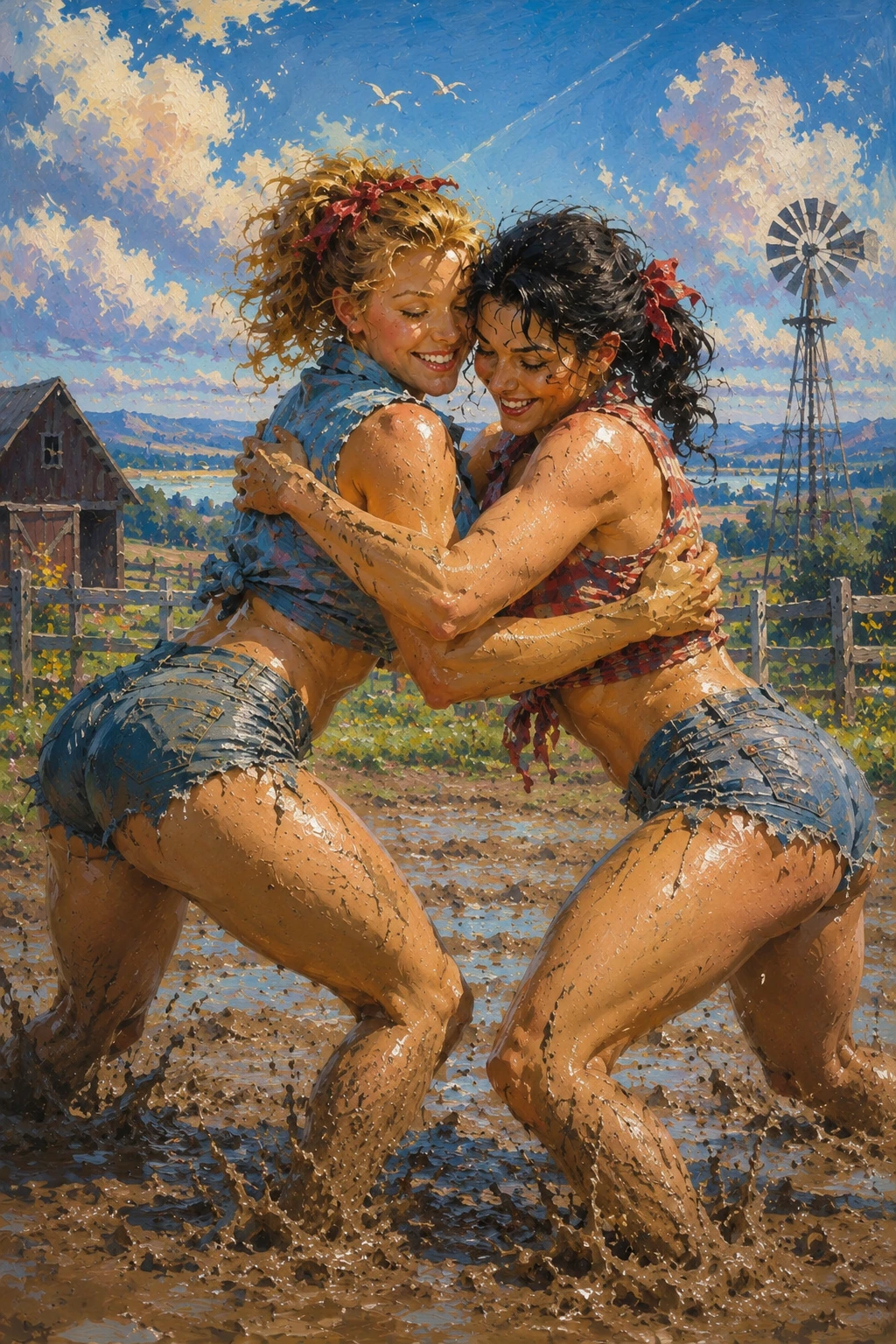 Two farm women wrestling playfully in a muddy field
