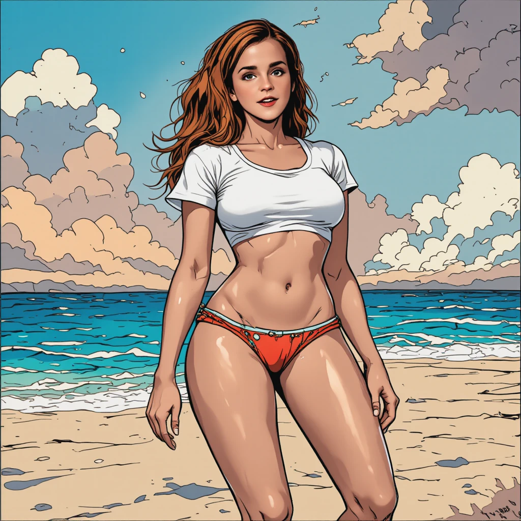 Curvy woman in bikini and t shirt posing on sunny beach