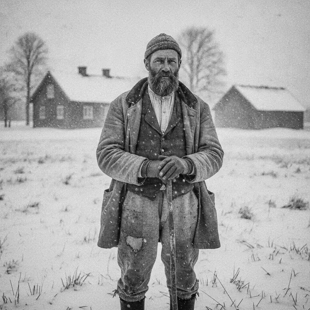 Weathered farmer in snowy rustic Swedish countryside scene