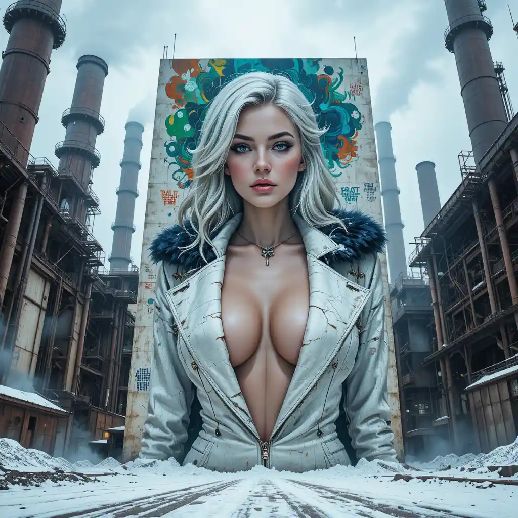 Cyber steampunk empress mural on abandoned steel factory