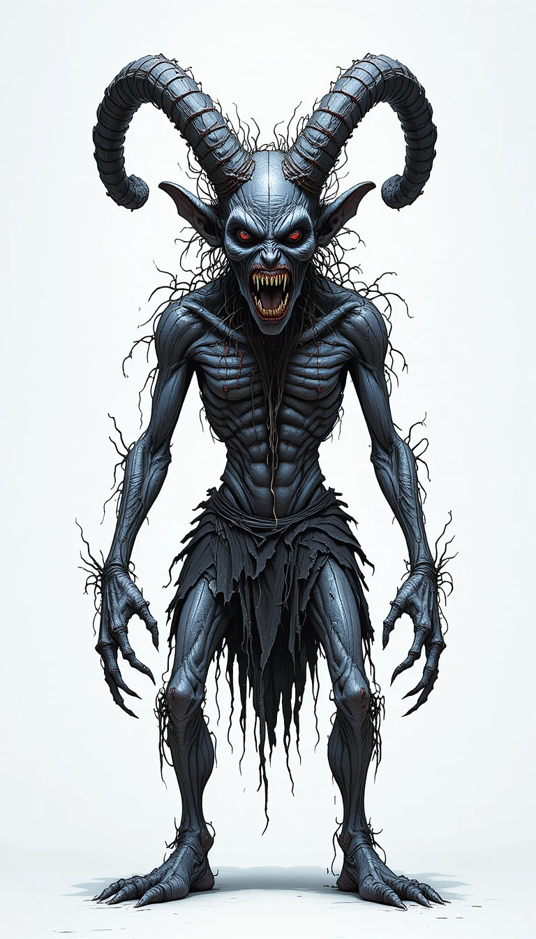Terrifying horned monster standing on a stark white background