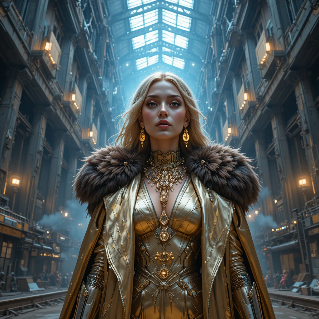 Cybernetic empress in an industrial cathedral interior