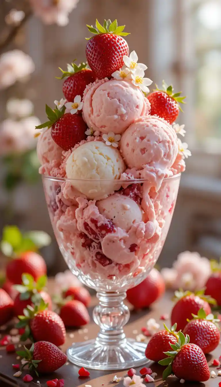Romantic ice cream sundae with strawberries in crystal glass