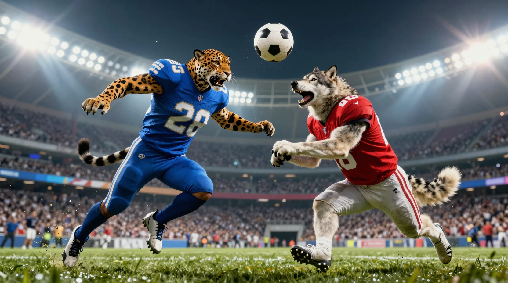 Jaguar And Wolf Clash For Header In Night Football Match