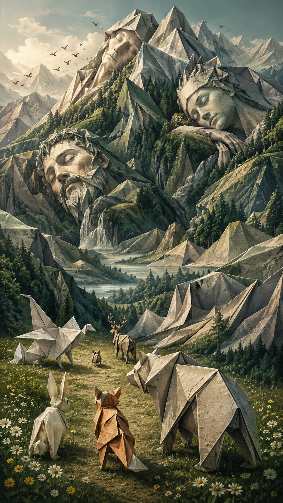 Origami Animals Walking Together Across A Quiet Meadow