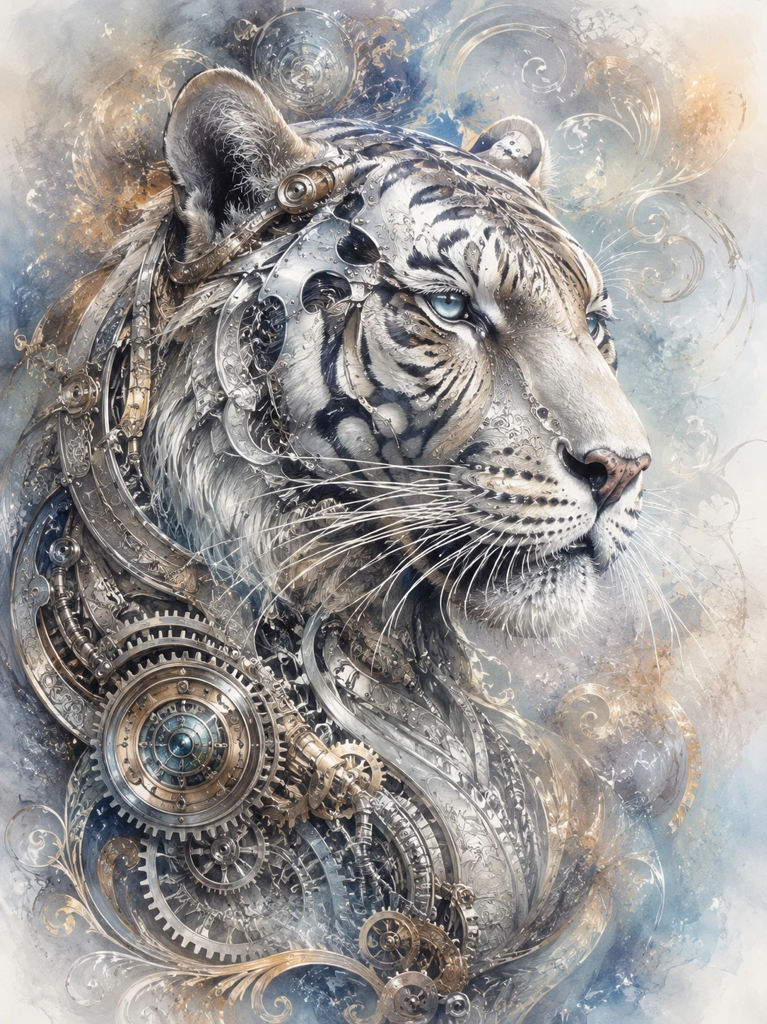 Steampunk tiger with metallic elements in flowing illustration
