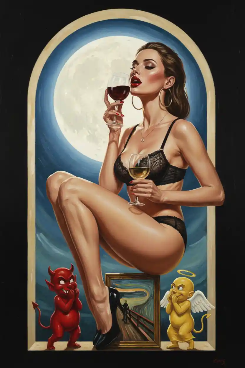 Sensual surreal woman with wine in luminous arch portal