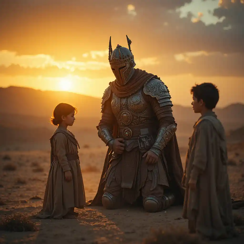 Noble warrior kneeling in farewell beside a glowing figure