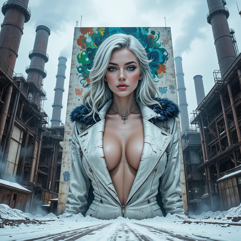 Cyber steampunk empress mural on abandoned steel factory
