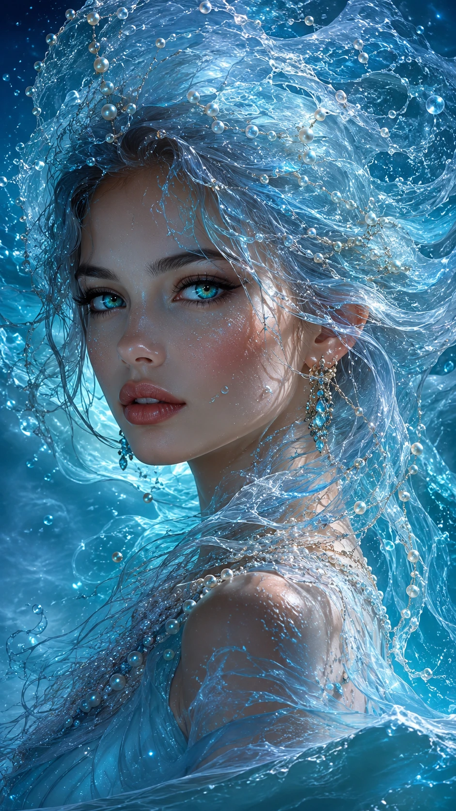 Surreal woman emerging from translucent ocean waves