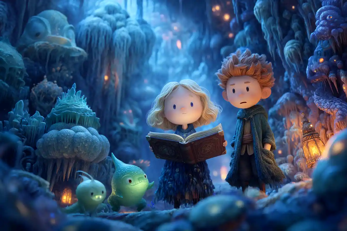 Playful fantasy characters begin a journey in glowing landscape