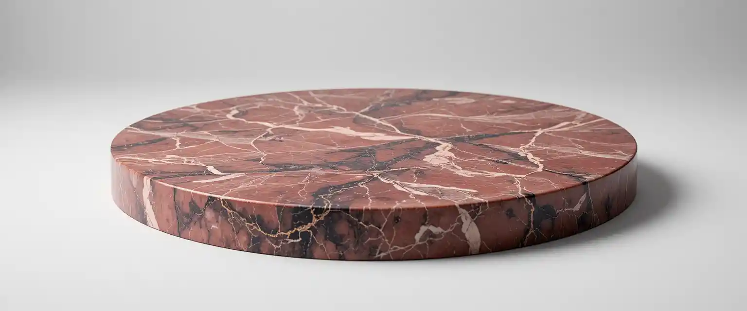 Pink marble circular tray with golden veins on white