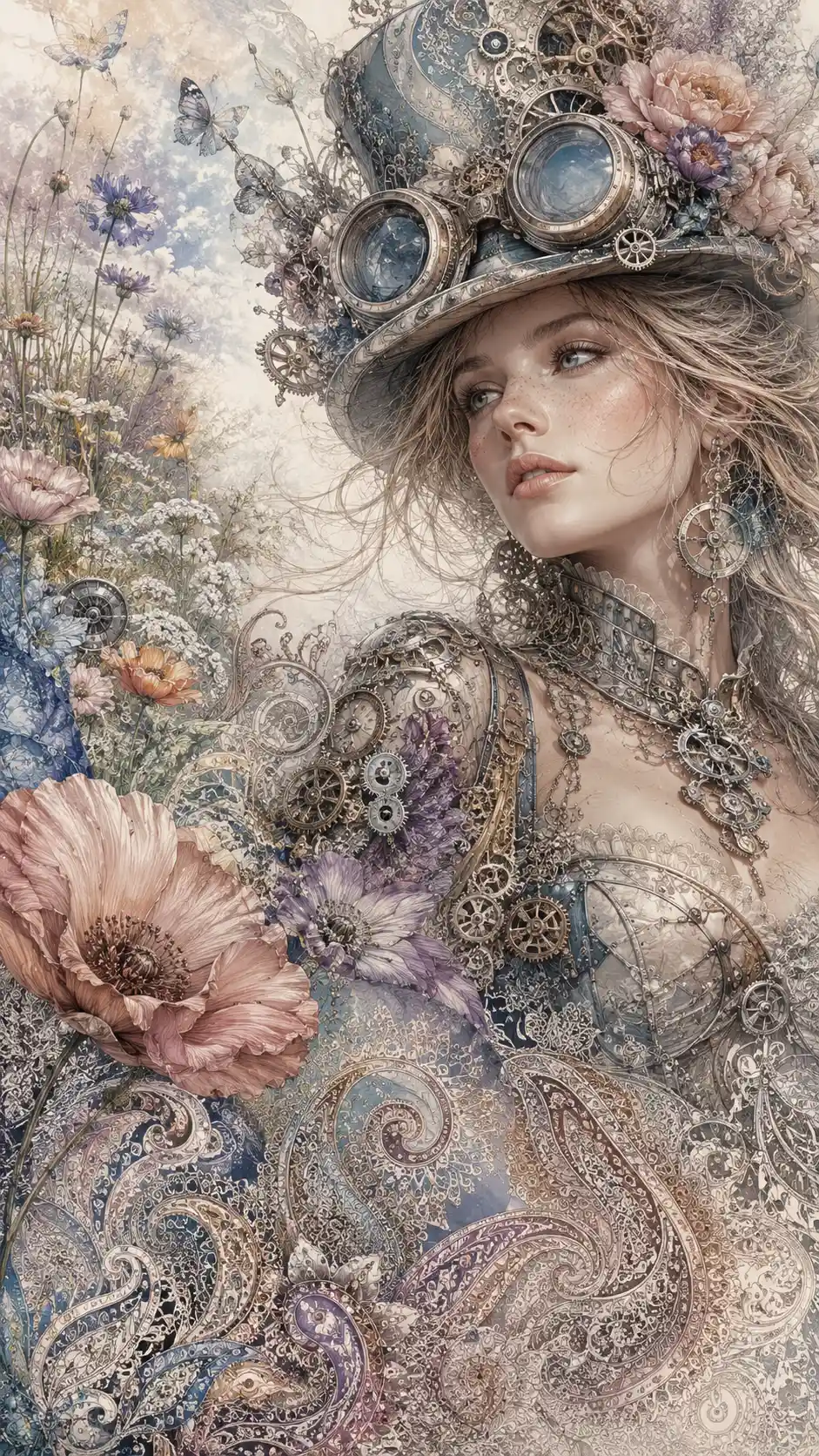 Fantasy steampunk woman with floral paisley meadow