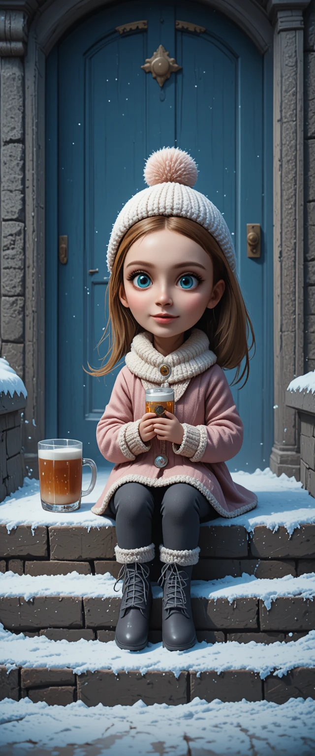 Pensive little girl on snowy front steps with milk glass