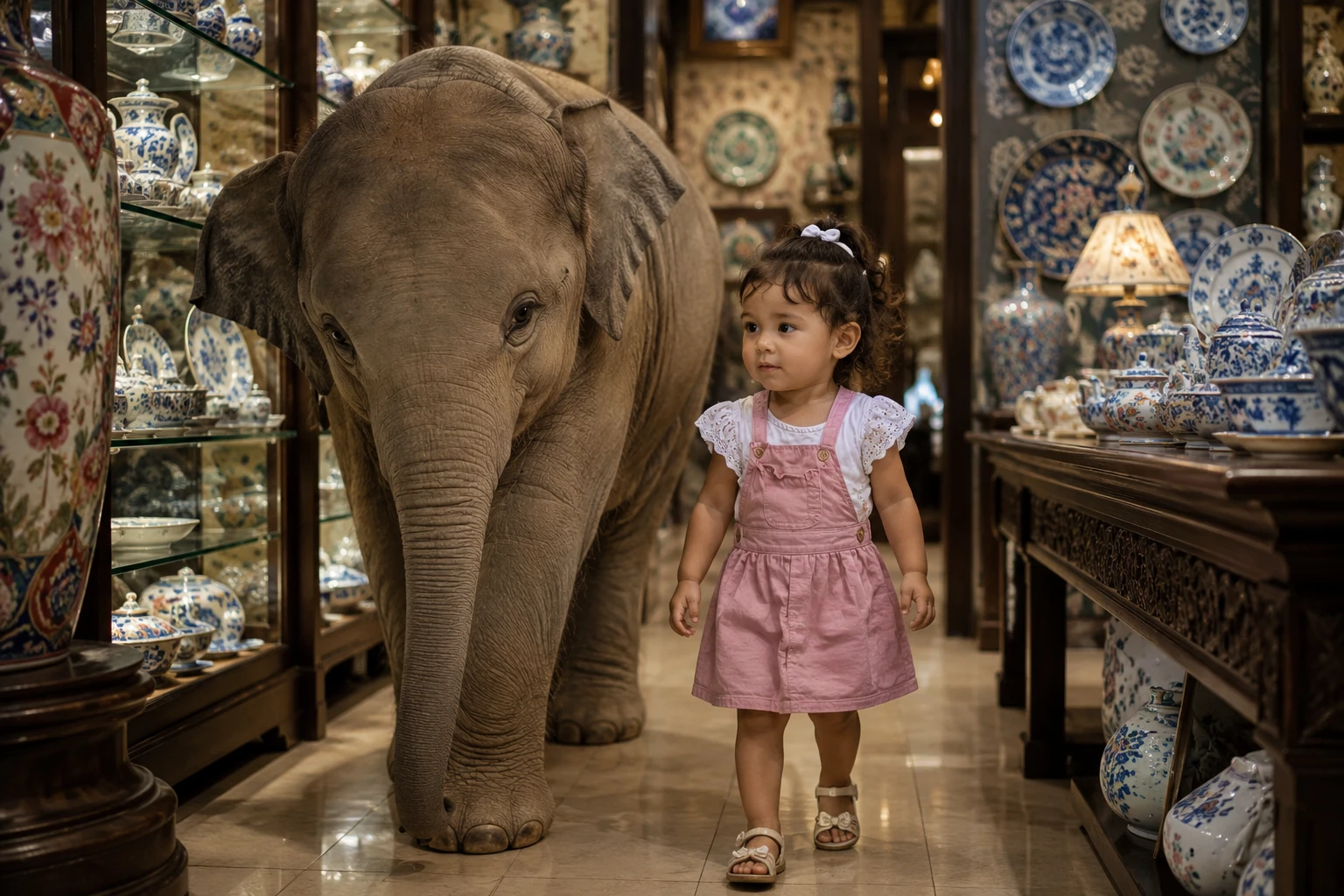 Elefante che Cammina con una Bambina in un Negozio di Porcellane
