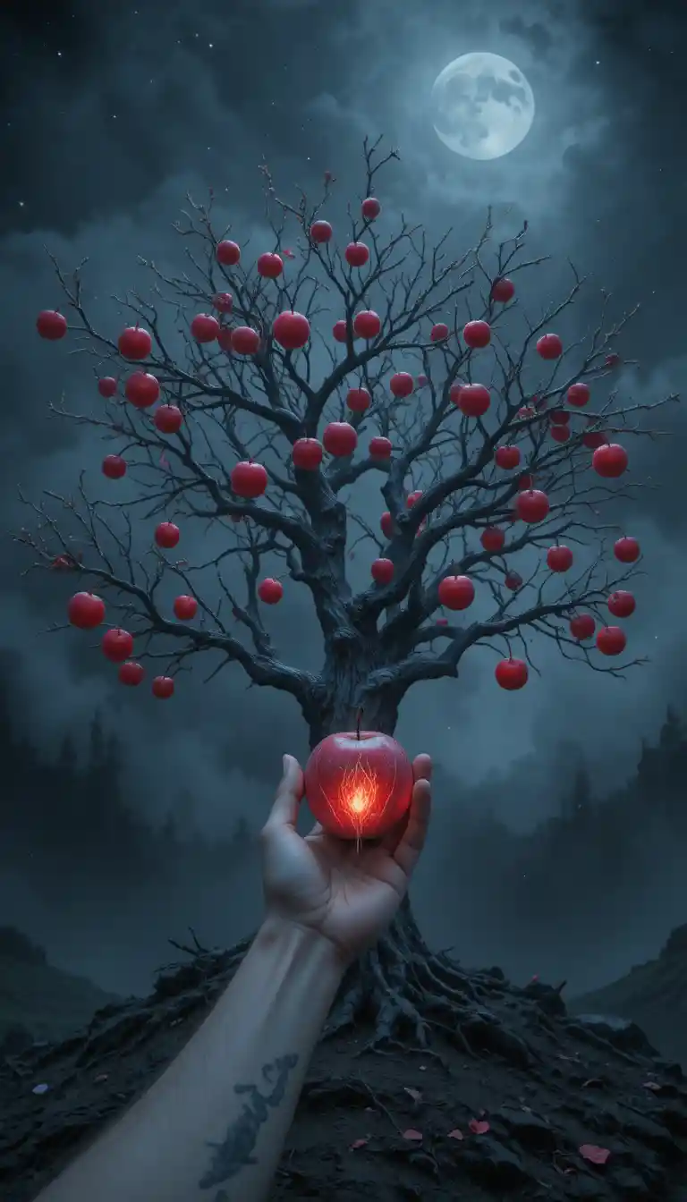 Hand Reaching For Glowing Red Apple On Silver Tree