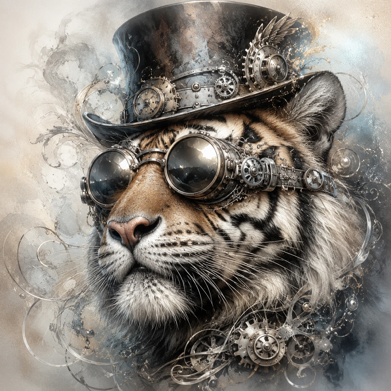 Steampunk tiger portrait with top hat and metallic goggles