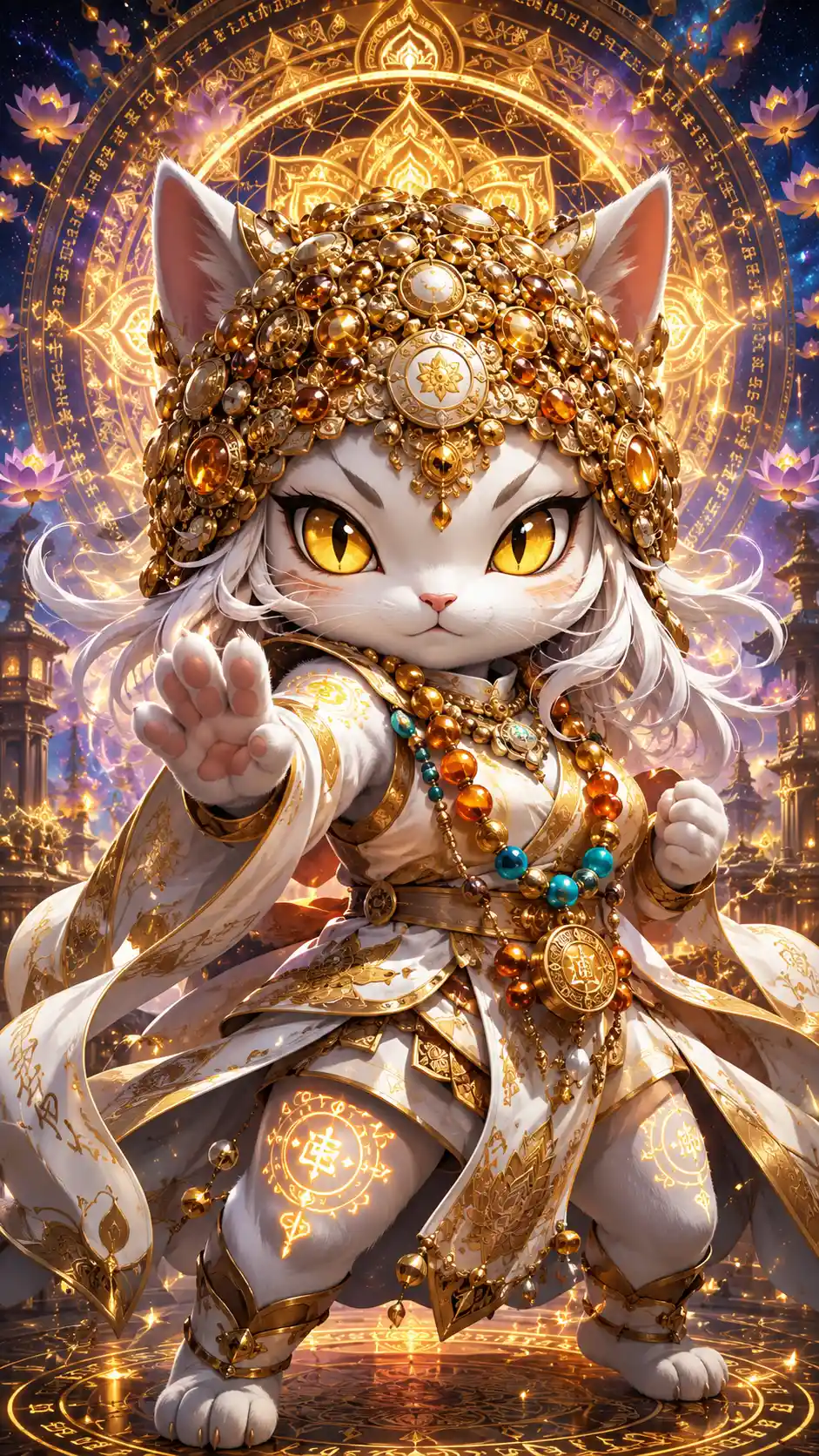 Chibi feline monk warrior in a cosmic mandala temple