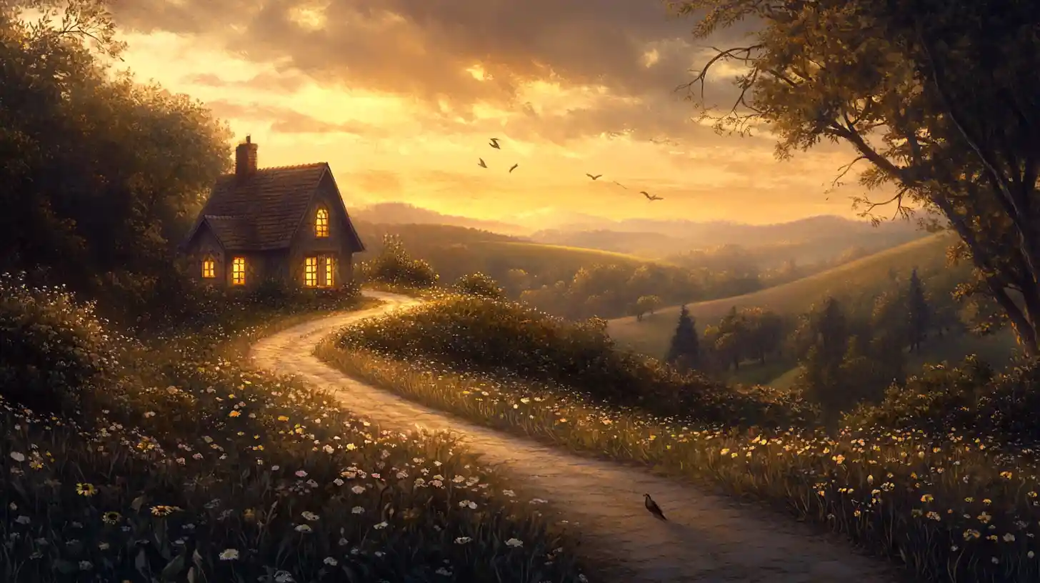 Winding country road leading to a glowing hillside cottage