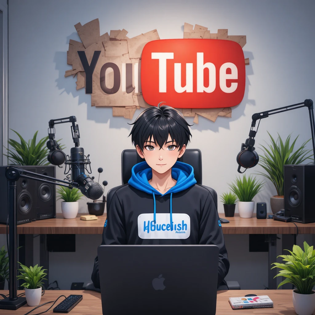 Anime boy streaming at a computer desk with microphone