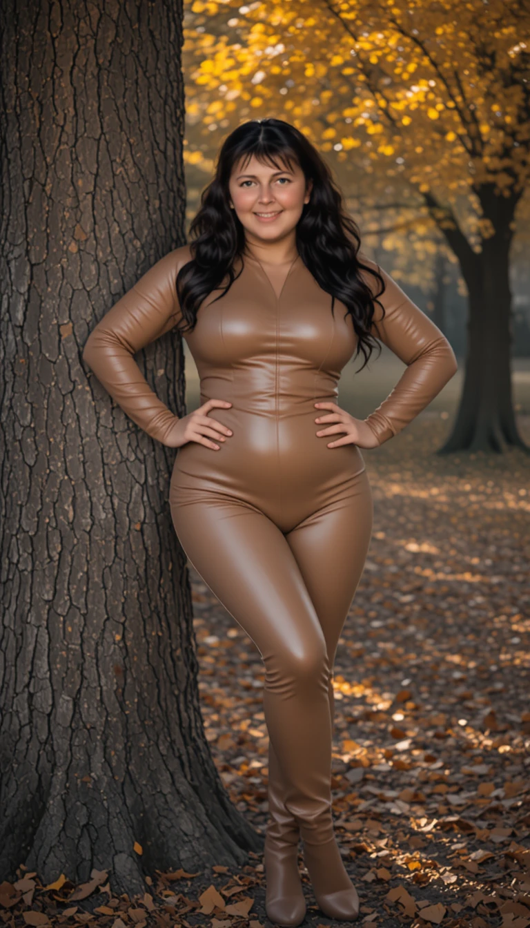 Confident woman in beige leather posing by autumn tree