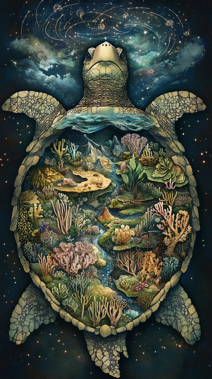 Giant sea turtle shell filled with surreal tiny worlds