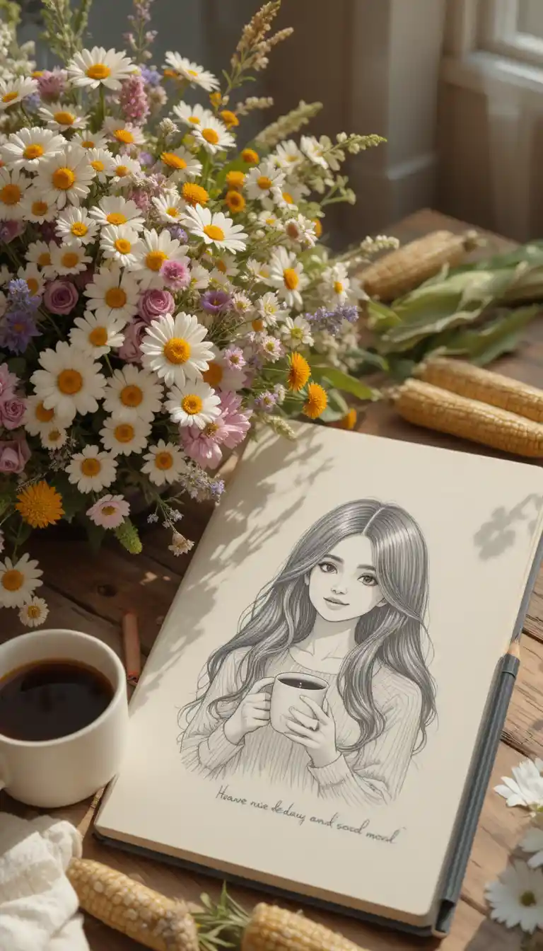 Cozy morning coffee with flowers and an open diary