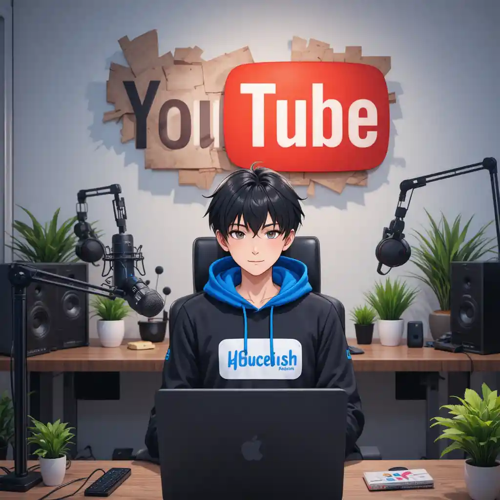 Anime boy streaming at a computer desk with microphone