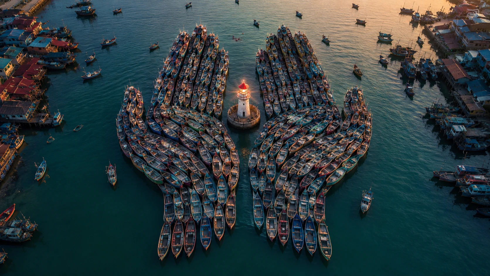 Wooden boats forming cupped hands around a tiny lighthouse