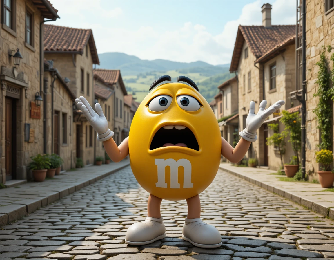 Panicked yellow candy character on a quaint village street