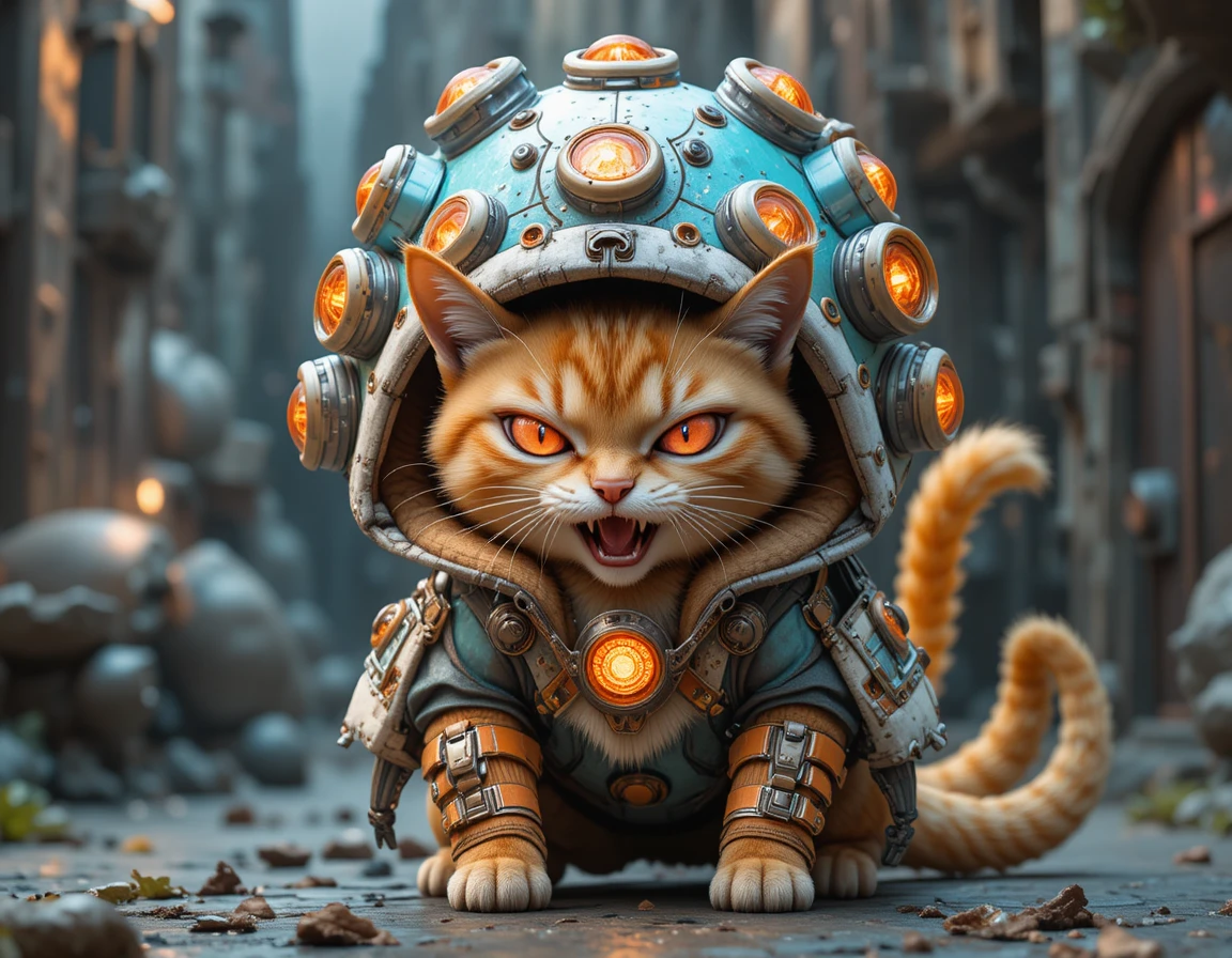 Fierce anime tabby cat in cyan tactical hooded jacket