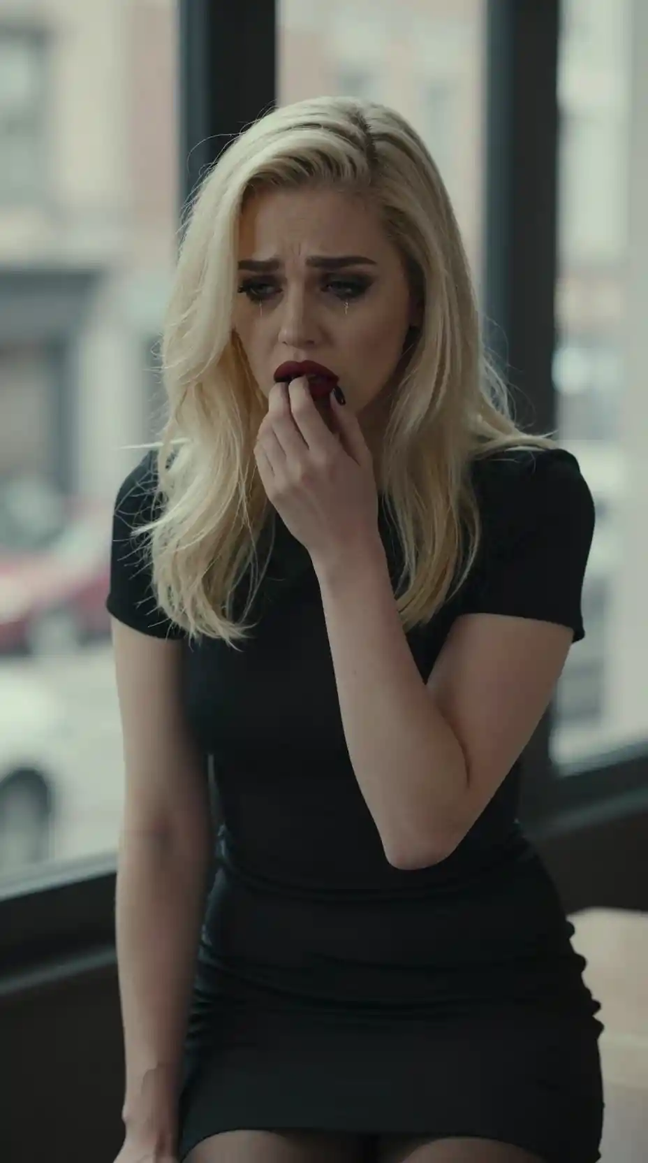 Sad woman in black dress by a bright urban window