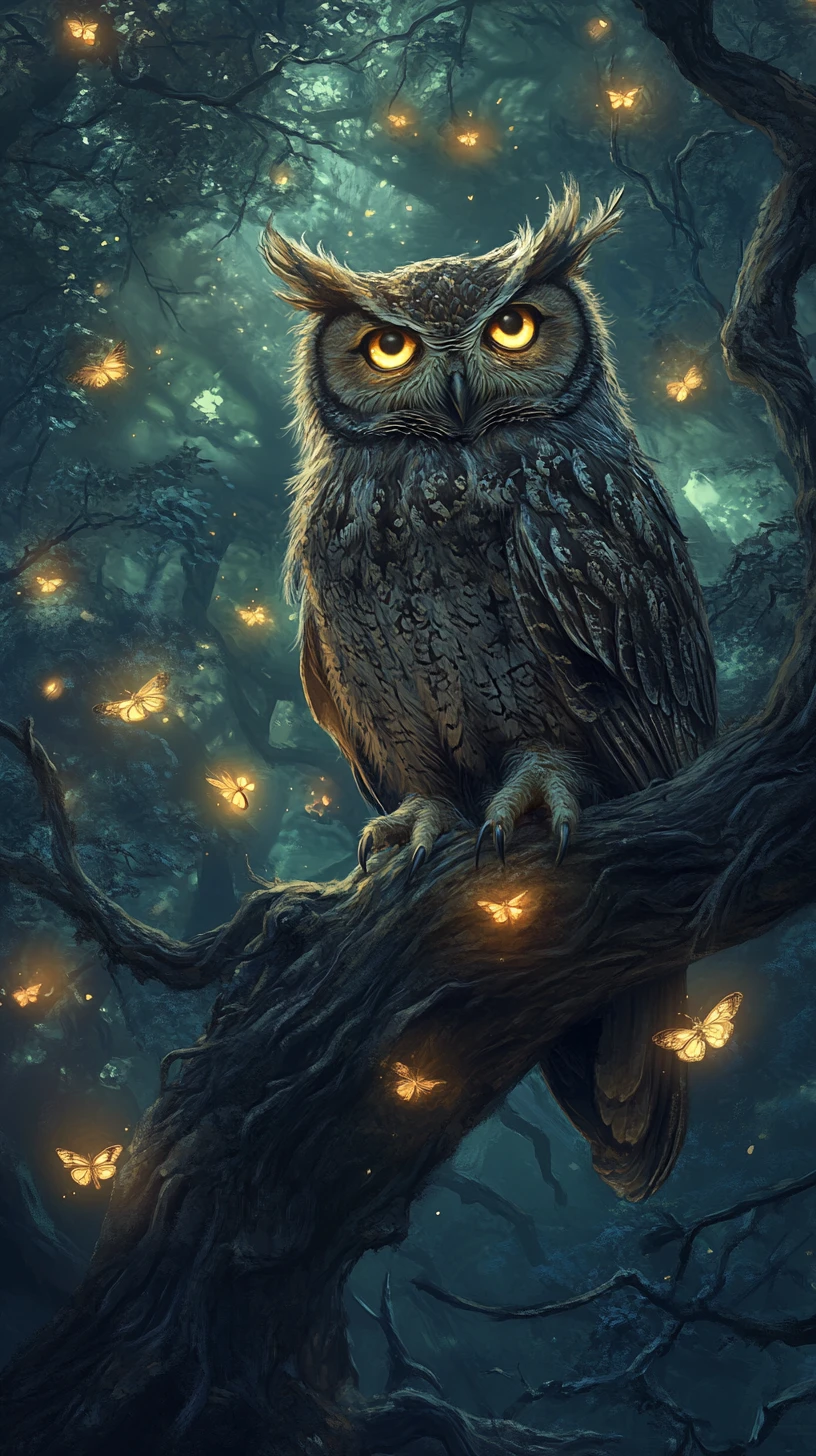 Old owl resting on an oak branch above a sleeping forest