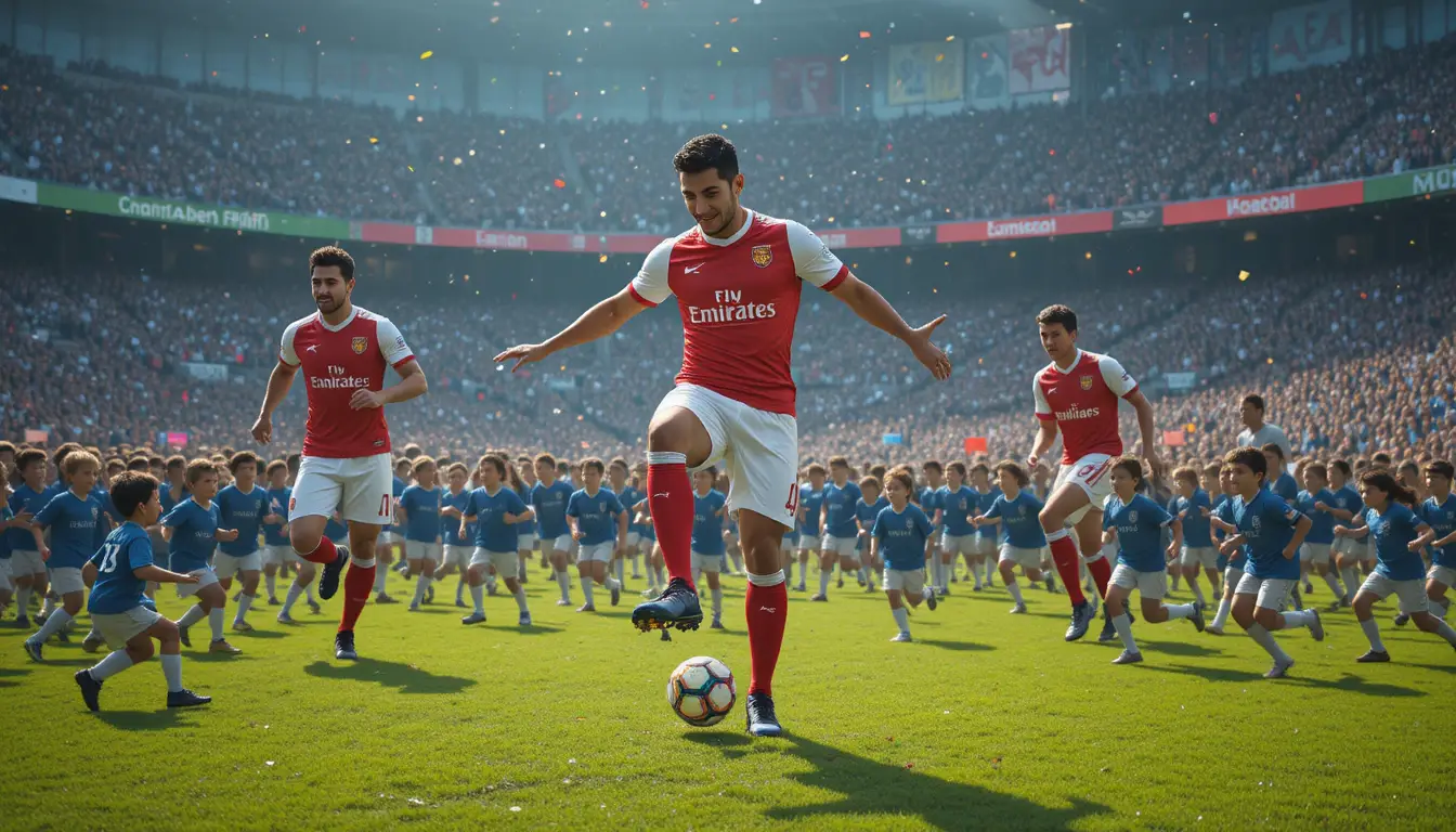 Soccer stars playing against a swarm of school children
