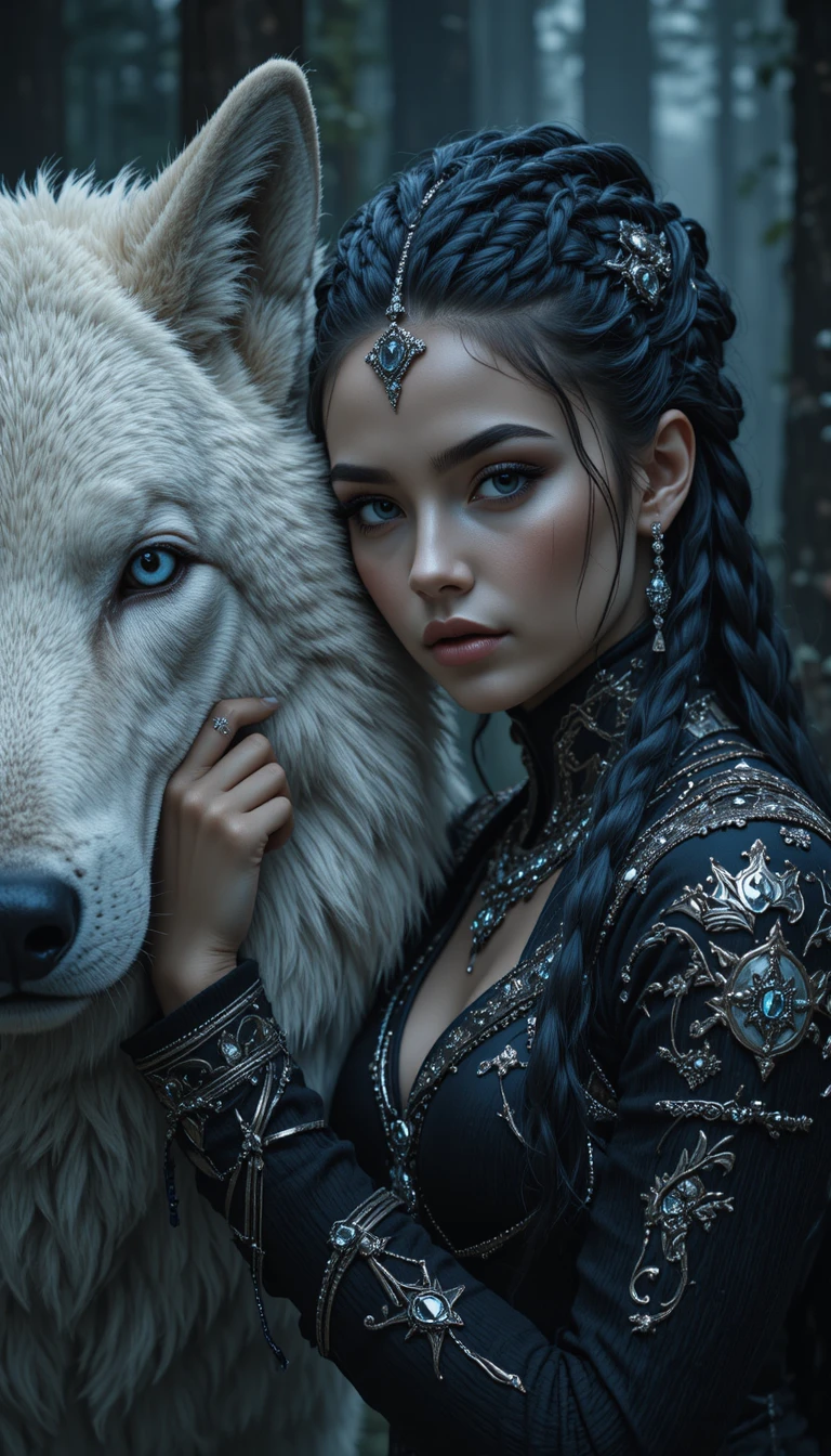Fantasy girl with white wolf in dark northern forest