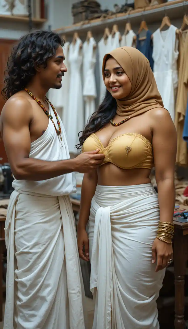 Smiling woman in hijab measured by tailor in shop