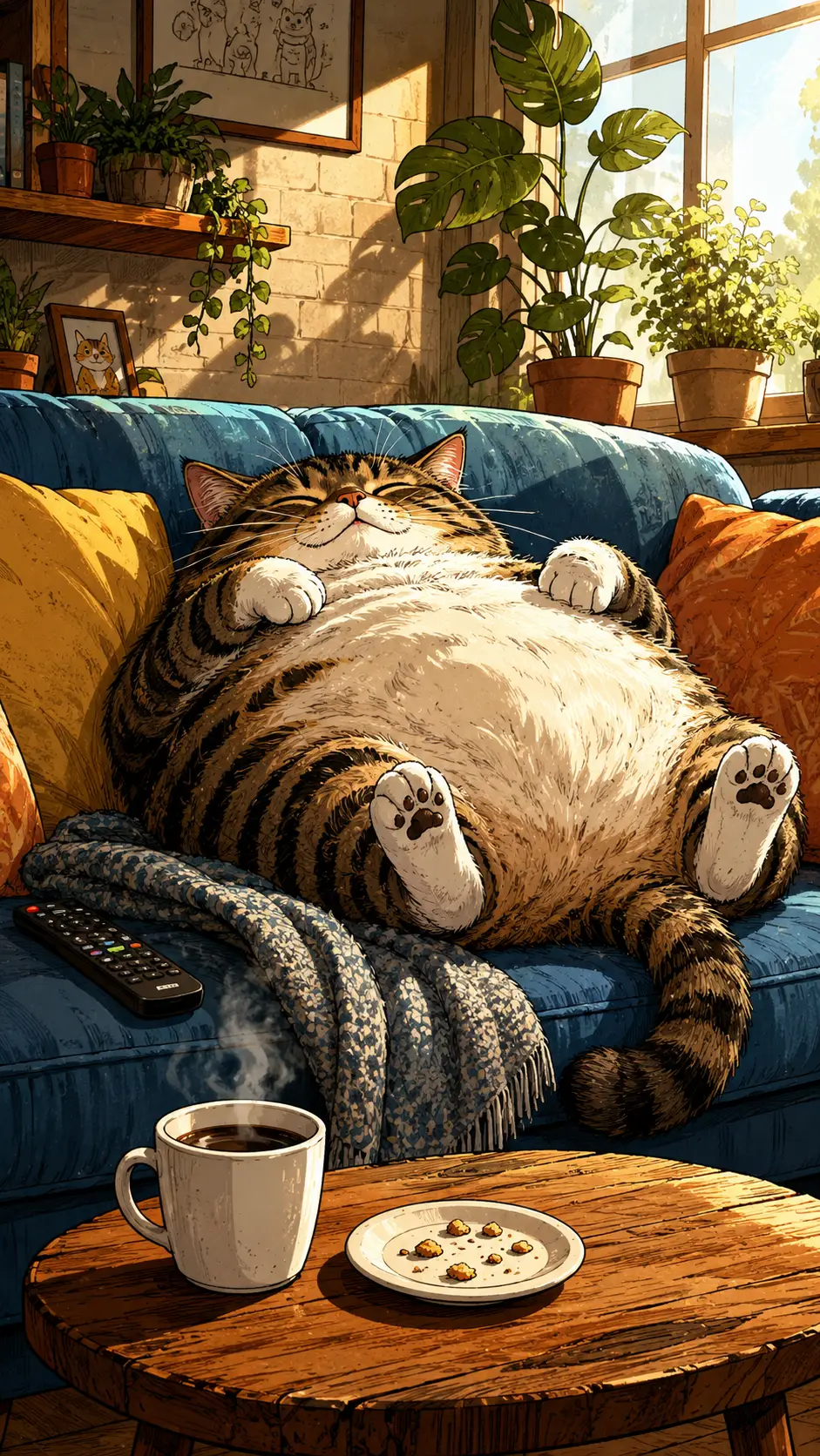 Lazy Sunday cartoon cat napping on blue sofa