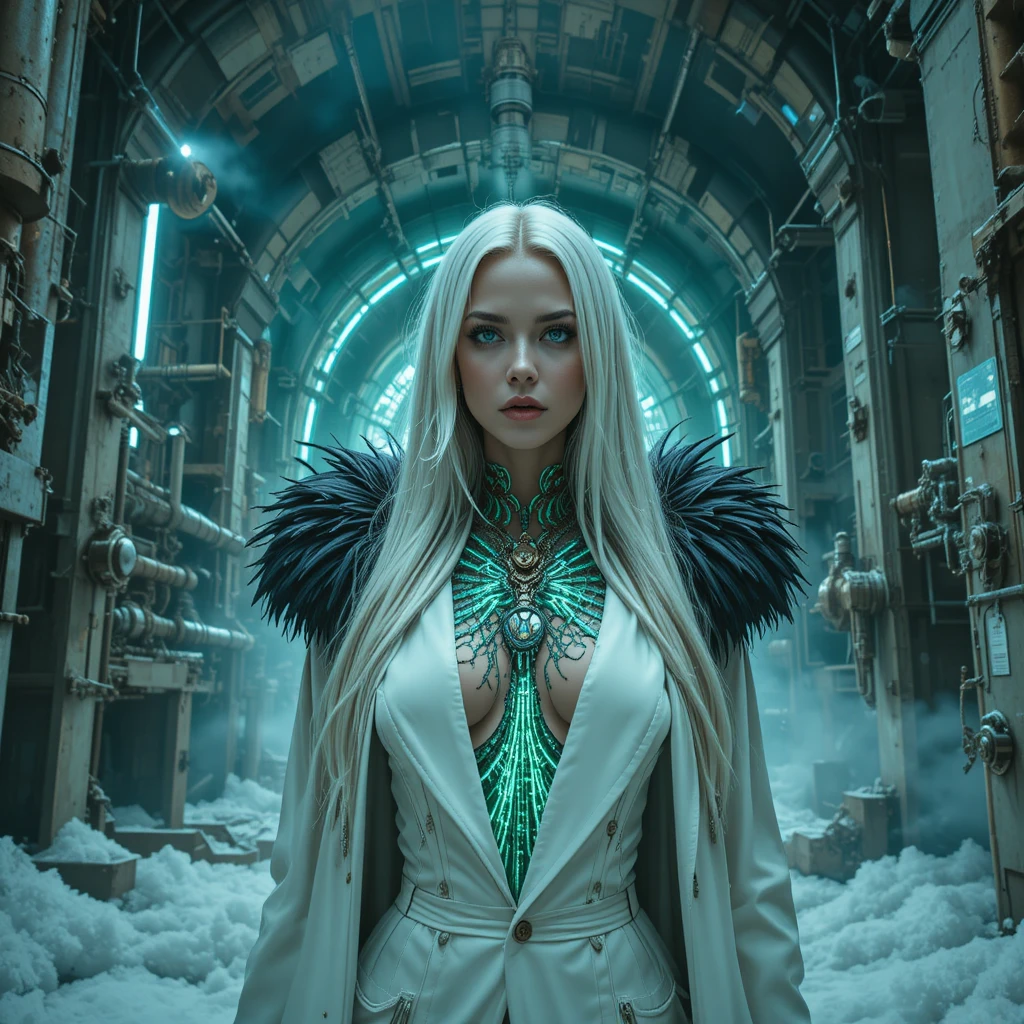 Cyberpunk femme fatale in frozen industrial reactor cathedral