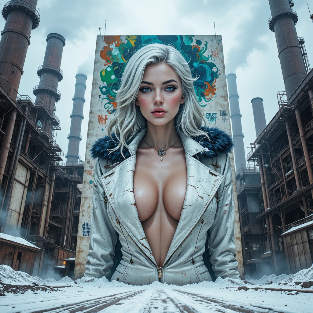 Cyber steampunk empress mural on abandoned steel factory