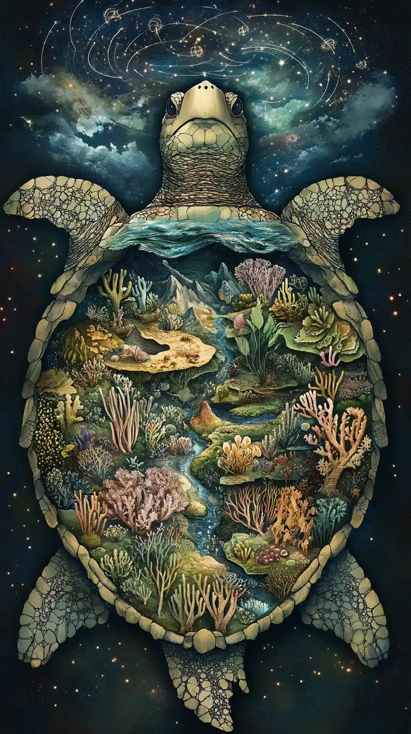 Giant sea turtle shell filled with surreal tiny worlds