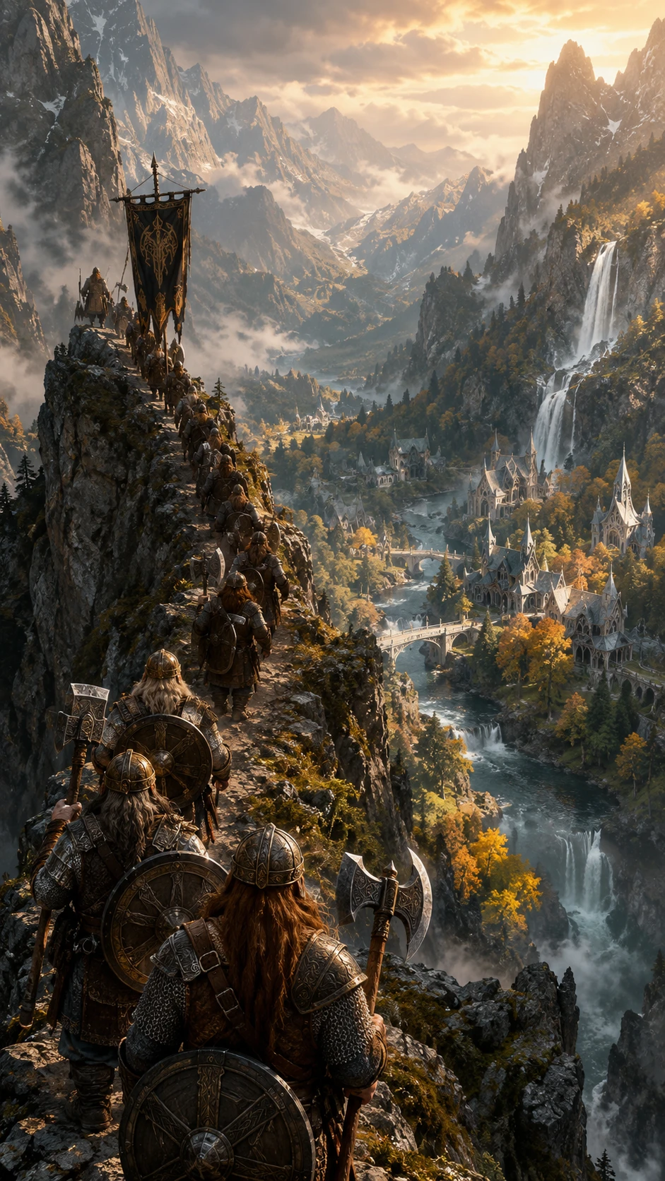Dwarven warriors march along a jagged mountain ridge