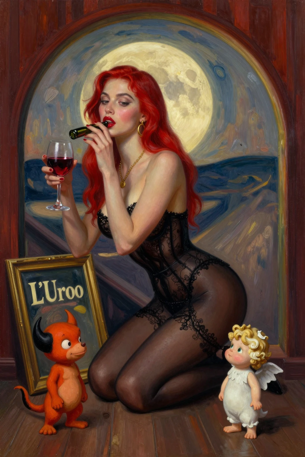Sensual woman in surreal archway with dramatic pose