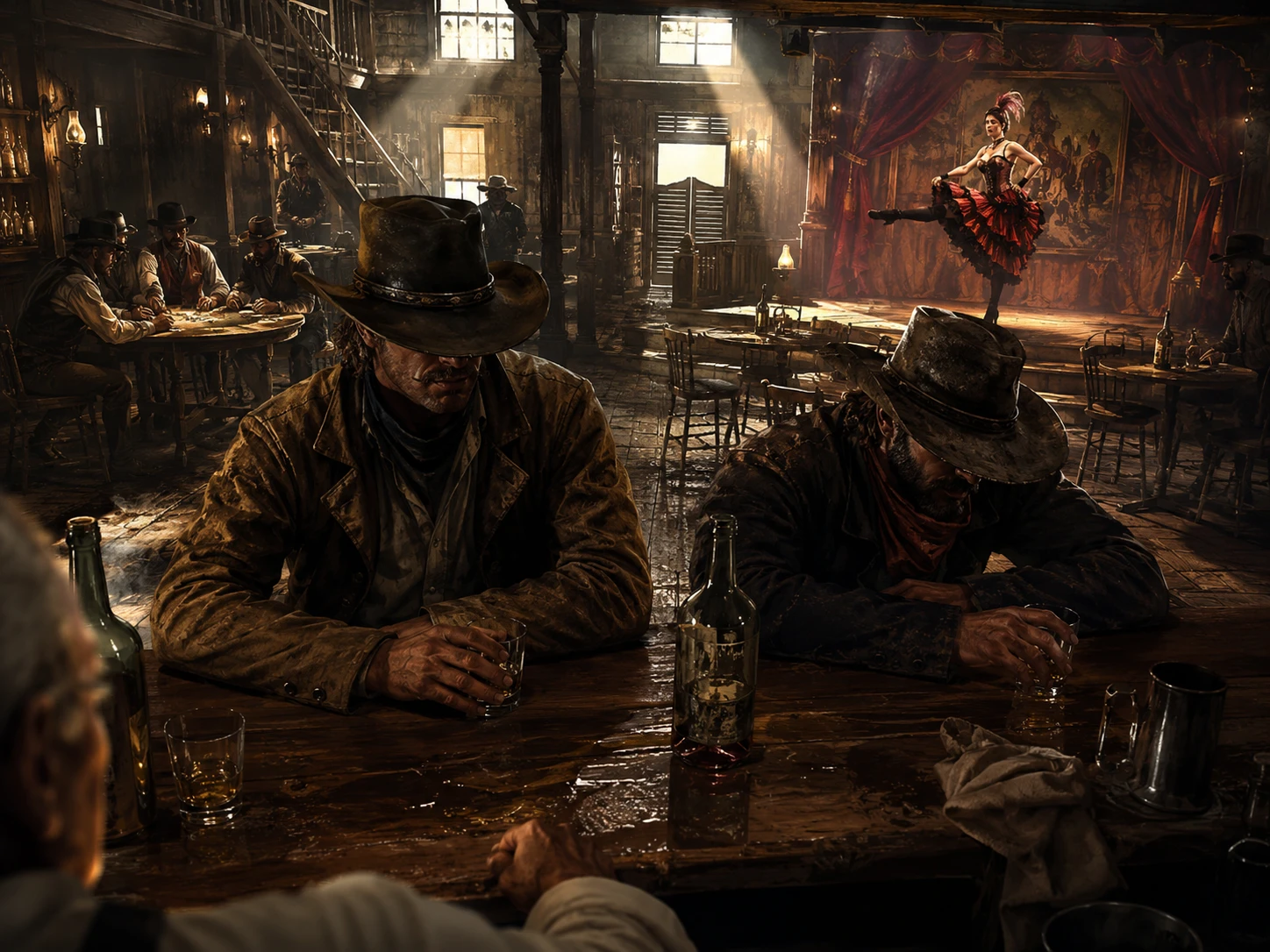 Old west saloon interior seen from the bartender
