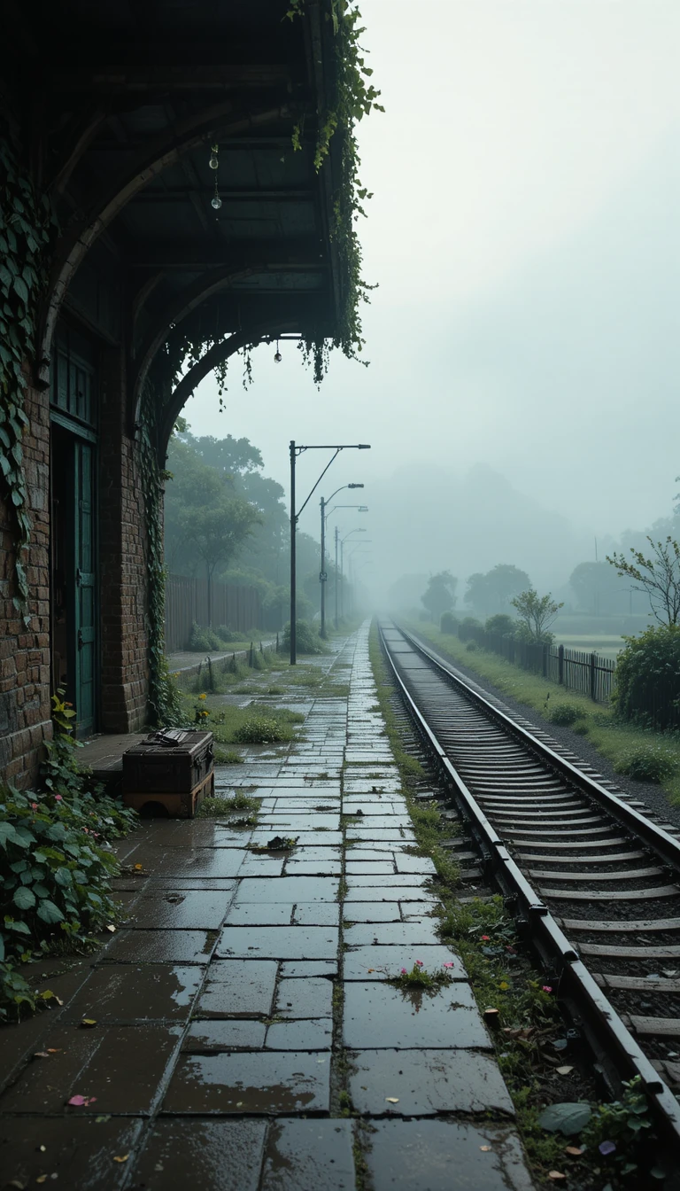 Abandoned countryside railway in misty rain and fog