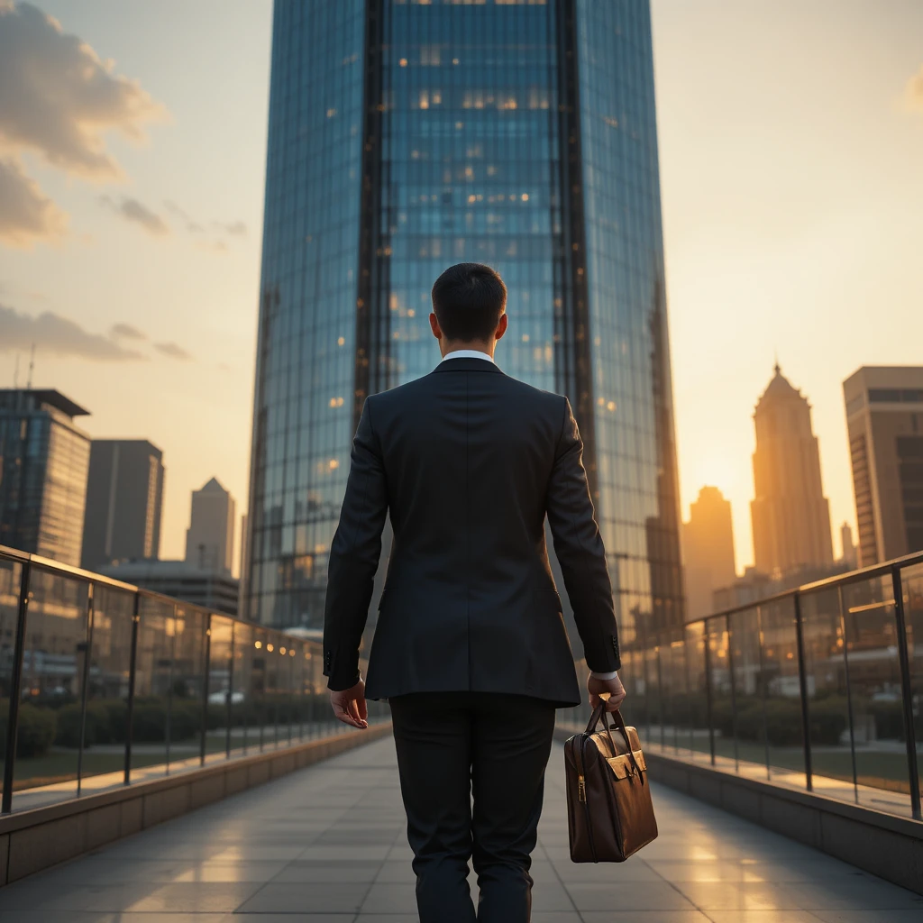 Entrepreneur walking toward a glass office tower at sunrise