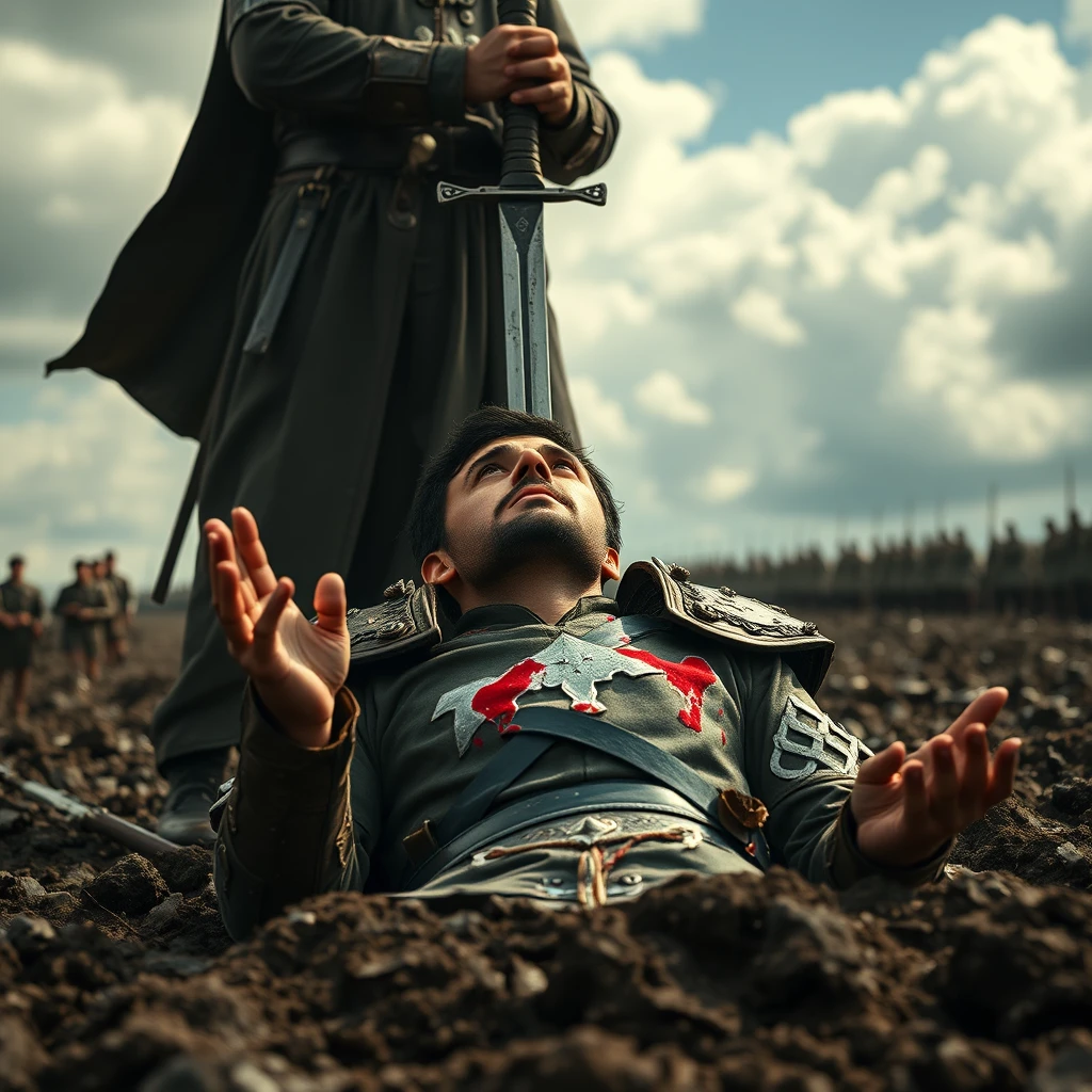 Defeated man kneeling in mud under dramatic sword strike