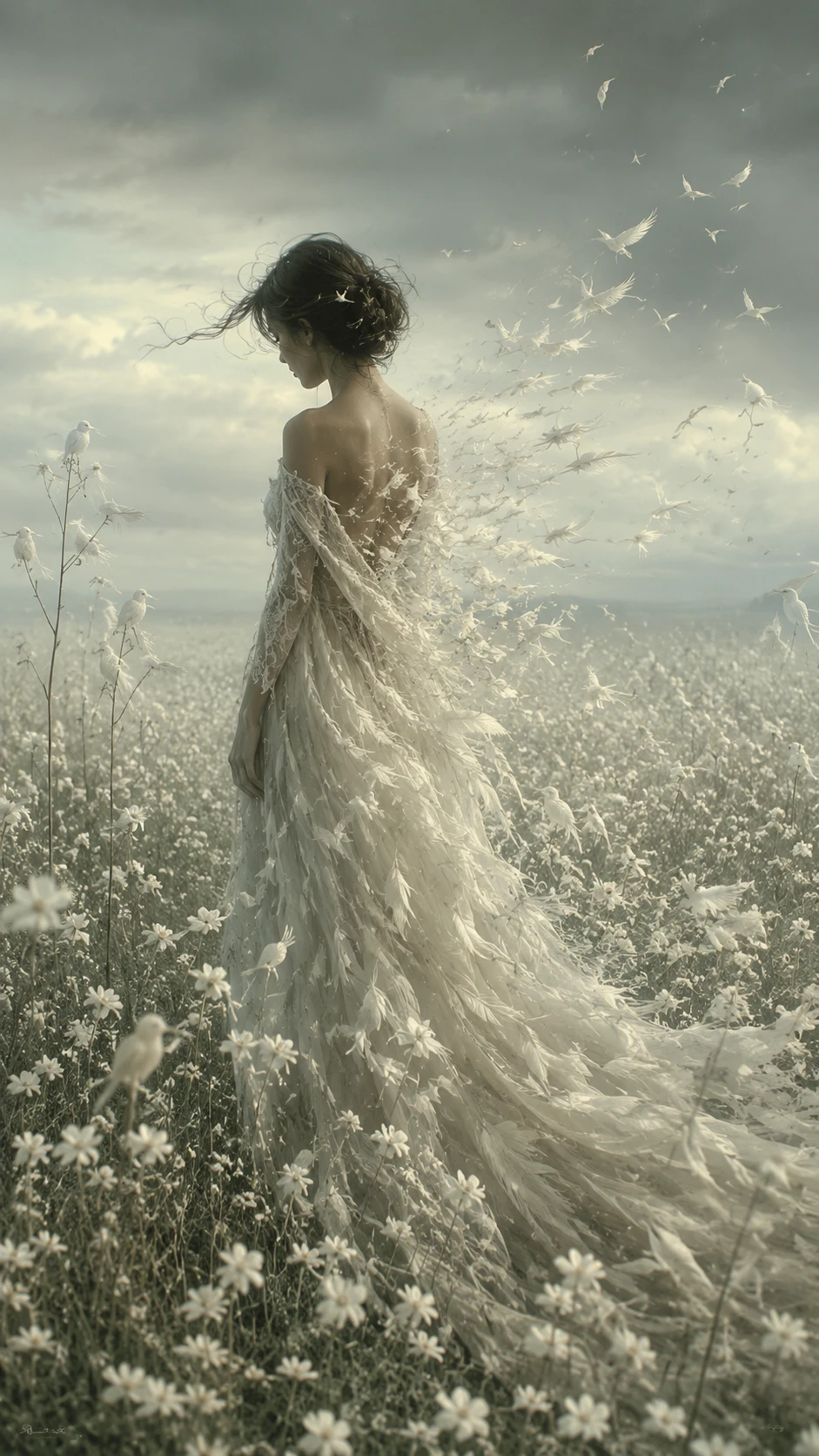 Woman standing in endless white wildflower meadow with drifting feathers